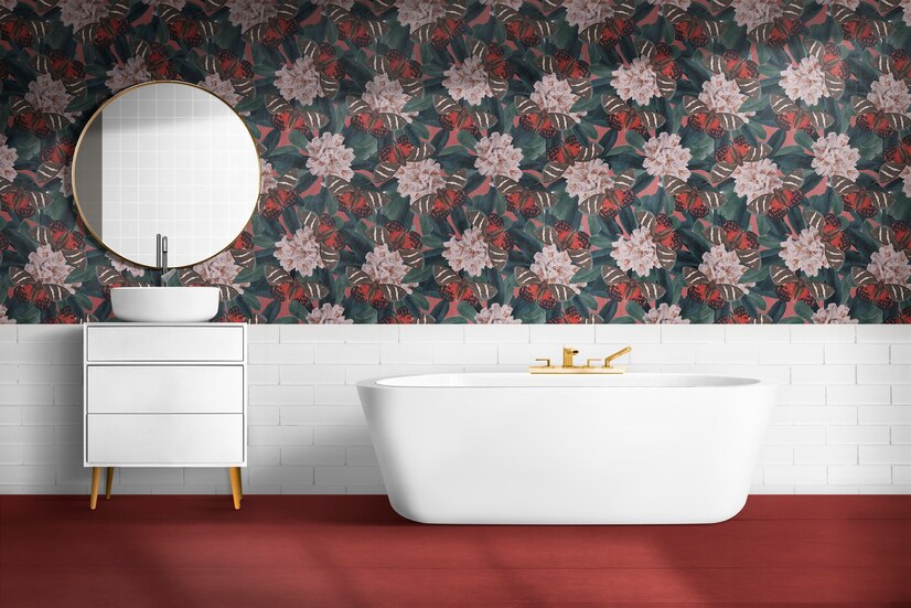 Dinding Motif Floral dan Lantai Kayu